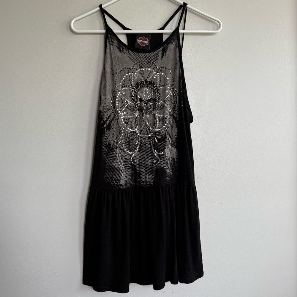 Harley Davidson Women’s Black Tunic pleated Tank Top with Skull Design Embellish